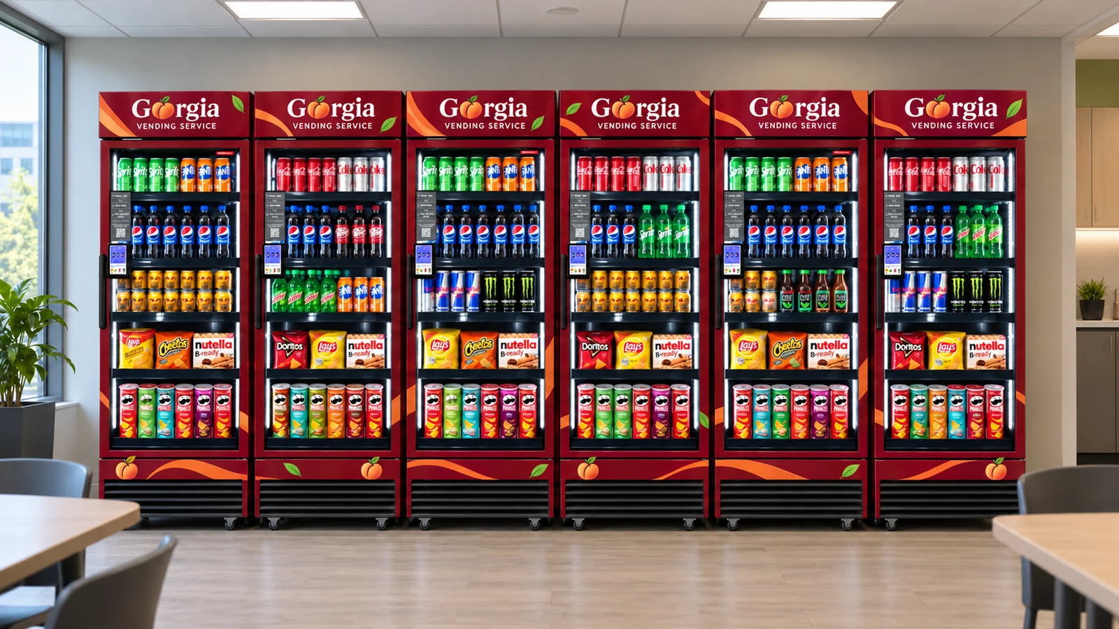 Row of branded AI smart coolers in a breakroom