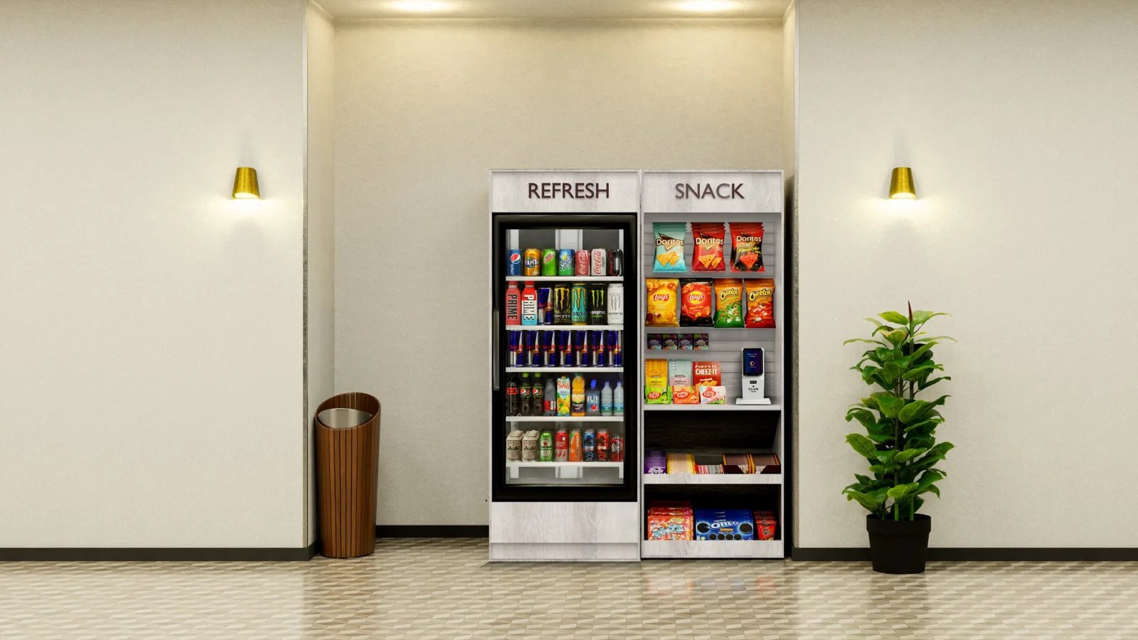 Compact micro market with a drink cooler and a snack rack with kiosk