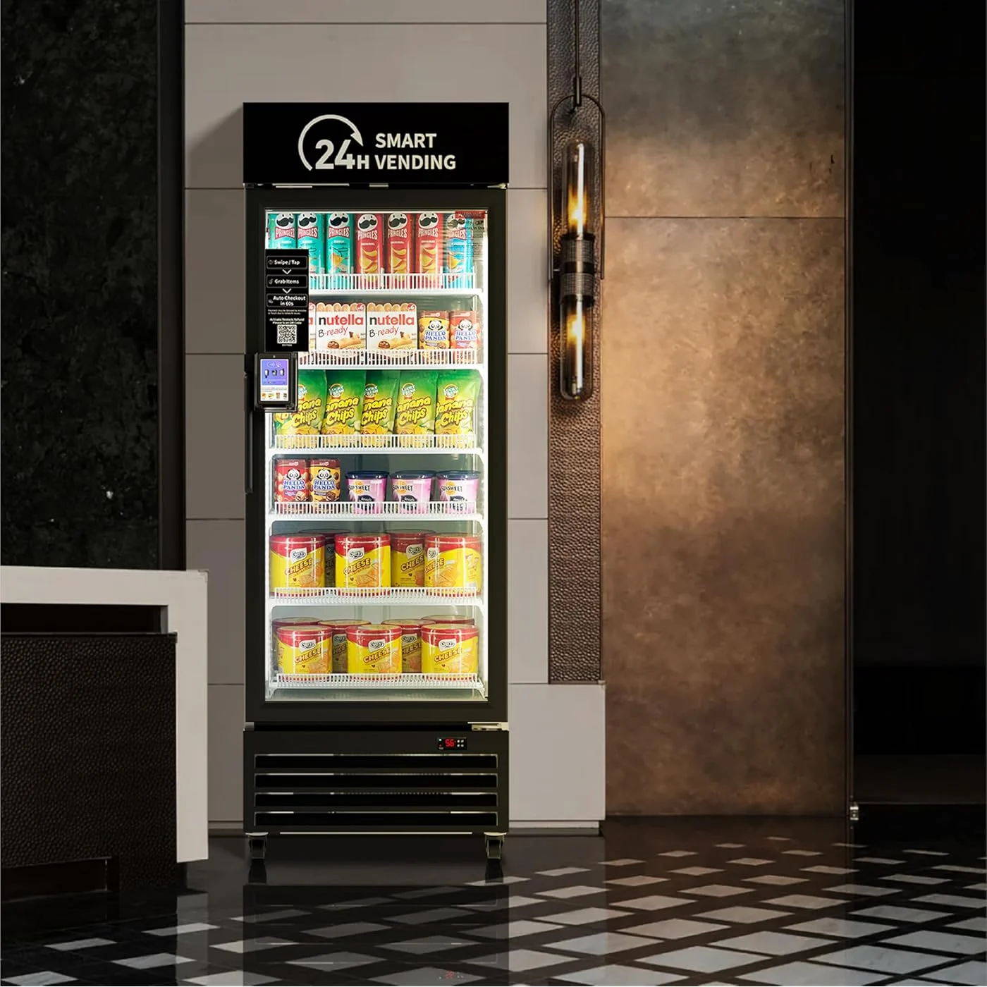 Single-door AI smart cooler stocked with snacks in a hallway